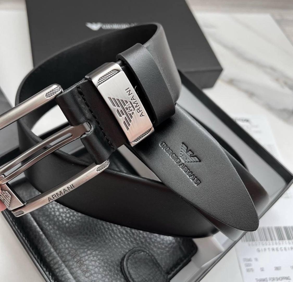 Мужской подарочный набор Giorgio Armani черный кожаный ремень и портмоне кошелек из натуральной кожи - фото 3 - id-p2076289137