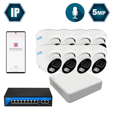 Комплект IP-відеоспостереження Hikvision на 8 купольних 5 Мп IP-камери HK-IP7118OW-5MP, фото 1