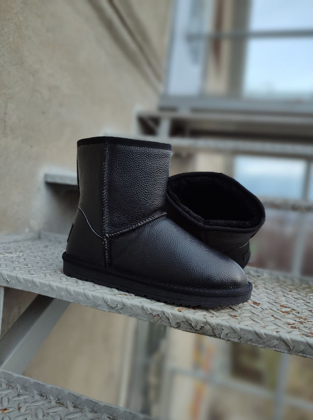 Угги высокие ЧЕРНЫЕ натуральная кожа и натуральный мех UGG унисекс полусапожки большие размеры Зима, фото 3