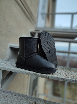 Угги высокие ЧЕРНЫЕ натуральная кожа и натуральный мех UGG унисекс полусапожки большие размеры Зима, фото 5