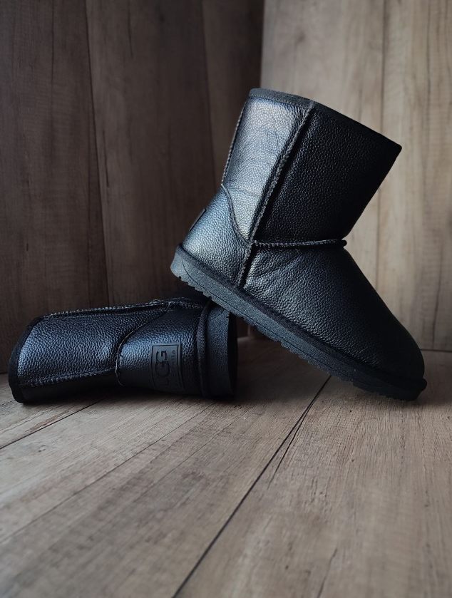 Угги высокие ЧЕРНЫЕ натуральная кожа и натуральный мех UGG унисекс полусапожки большие размеры Зима
