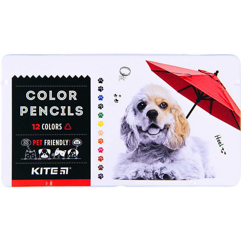 Олівці кольорові Kite Dogs тригранні 12 шт Олівці кольорові в металевому пеналі Різнокольорові олівці