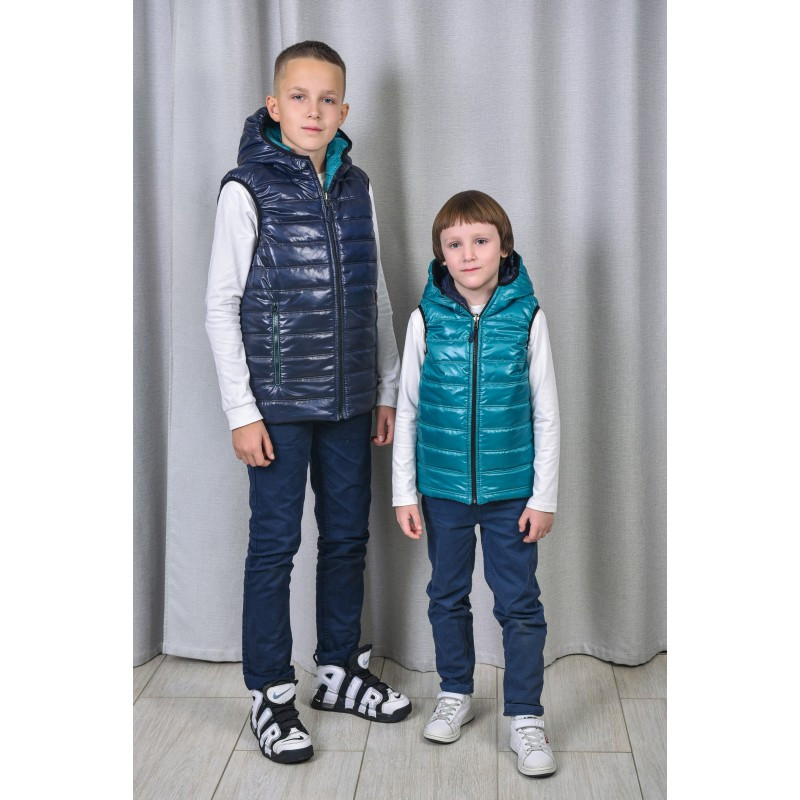 Дитячі двосторонні жилетки для хлопчиків та дівчаток, модель NEW, колір синій з бірюзовим, розміри 116-164