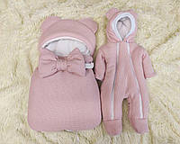 Комплект из вязаного трикотажа для новорожденных, спальник и комбинезон 56-62, розовый