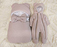 Комплект из вязаного трикотажа для новорожденных, спальник и комбинезон 56-62, светло-серый