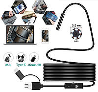 3 в 1 Камера эндоскоп 2 метра 5.5 мм USB/micro USB/Type C бороскоп, SP, жесткий провод, Хорошее качество, usb