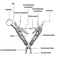 Компактный мультитул с пласкогубцами 10 в 1, нержавеющая сталь + алюминий, с удобным кольцом (брелок)