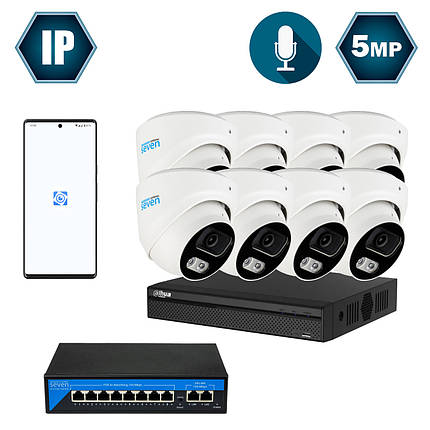 Комплект IP-відеоспостереження Dahua на 8 купольних 5 Мп IP-камери DH-IP1118OW-5MP, фото 1