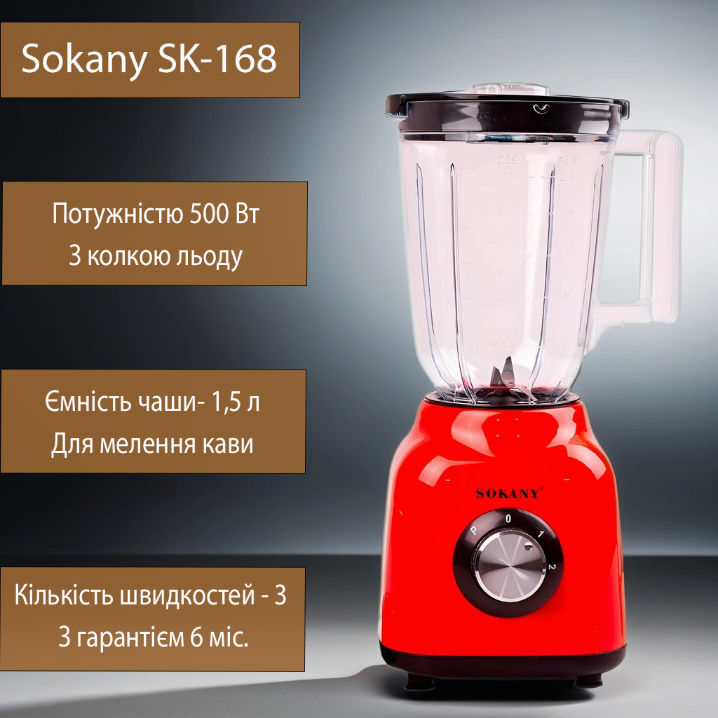 Блендер измельчитель с чашей 1,5 литра Sokany SK-168 кофемолка 3 режима Красный - фото 1 - id-p2067785648