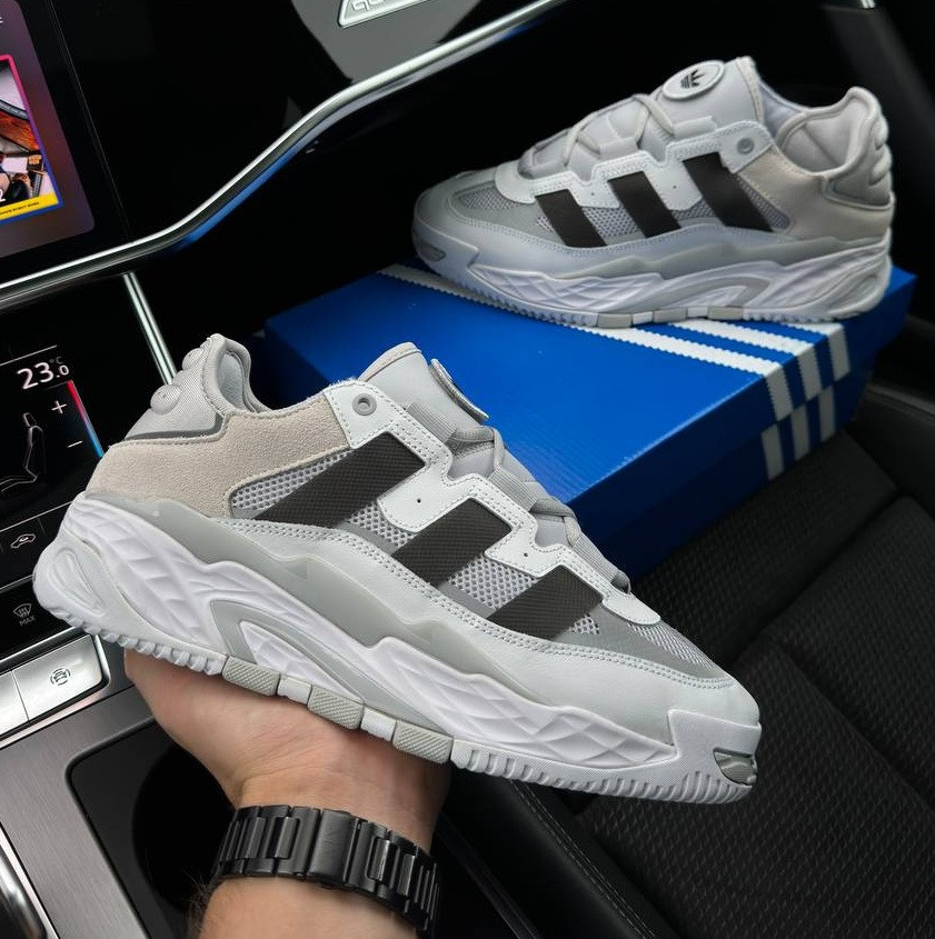 Кросівки чоловічі Adidas Niteball весна-осінь повсякденні (сірі з білим). Живе фото, фото 1