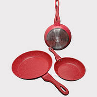 Набор сковородок с антипригарным покрытием 3 шт TK00093 красный, кухонный набор сковородок с крышками