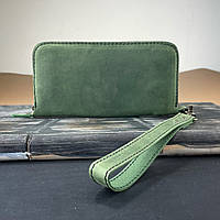 Шкіряний гаманець на круговій блискавці YKK зеленого кольору