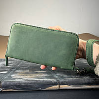 Шкіряний гаманець на круговій блискавці YKK зеленого кольору