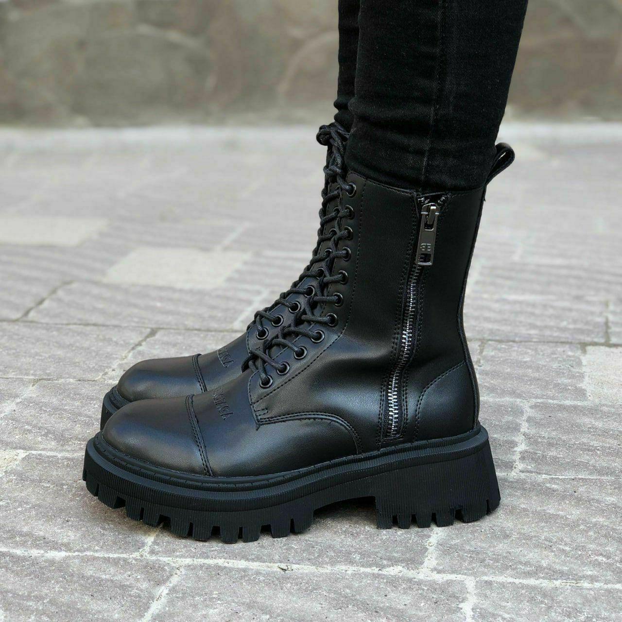 Женские повседневные ботинки Balenciaga Black Tractor Side-zip Boots (черные) высокие ботинки 6941 Баленсиага - фото 1 - id-p2076403076