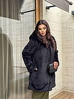 Жіноча еко шуба з зимовим капюшоном з кролика великого розміру батальна утеплювач силікон 100 черный, 50/56