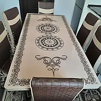 Обеденный комплект, кухонный стол раскладной бежевый и 4 стула коричневых, ножки хром 110-140 см