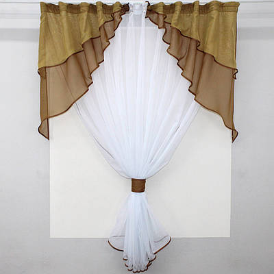 Кухонна (280х170см.) занавіска, ламбрекен і тюль. Колір  білий з коричневим та золотистим. Код 114к 52-0556