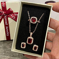 Набор "Сияние больших рубинов" - серьги, кольцо и колье ювелирный сплав - солидный подарок девушке в коробочке