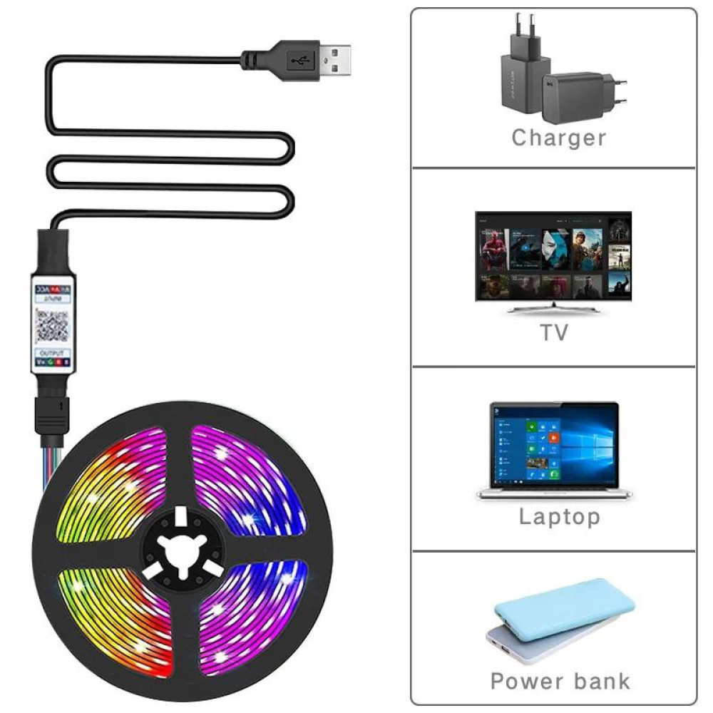 Світлодіодна стрічка LED 5050 RGB 5m 150Led / 5V USB з Bluetooth контролером