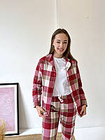 Топ! Женская пижама домашний костюм 3-я в клетку COSY (штаны+рубашка+футболка) красно/белая