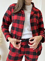 Топ! Женская пижама домашний костюм 3-я в клетку COSY (штаны+рубашка+футболка) красно/черный