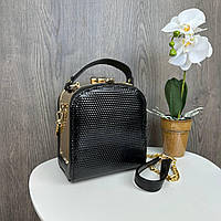Женская мини сумочка рептилия каркасная с замочком, маленькая сумка золотистая Черный соты Отличное качество