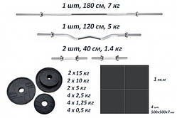 Дві штанги + дві гантелі. Набір металевих прогумованих дисків 77 кг + 4 хромованих грифи