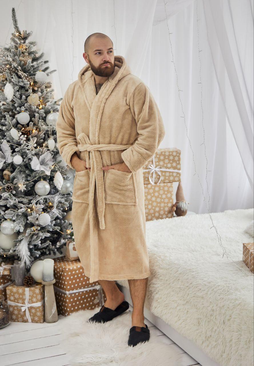 Халат чоловічий махровий з капюшоном теплий (S-5XL) 1024 Бежевий, фото 1