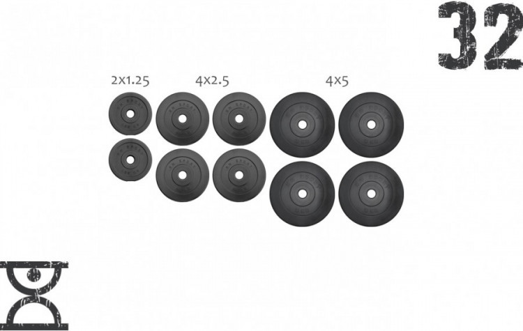 32 кг (4x5, 4х2.5, 2x1.25) дисків, покритих пластиком (31 мм)