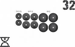 32 кг (4x5, 4х2.5, 2x1.25) дисків, покритих пластиком (31 мм)