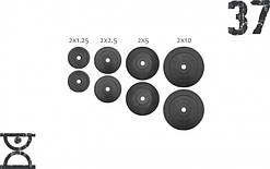 37 кг (2х1.25, 2х2.5, 2x5 і 2x10) дисків, покритих пластиком (31 мм)