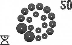 50 кг (2 по 10, 8 по 2,5, 8 по 1.25) дисків, покритих пластиком (31 мм)