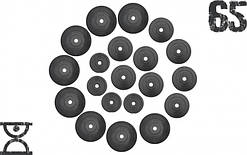 65 кг (4 по 1.25, 8 по 2.5, 8 по 5 кг) дисків, покритих пластиком (31 мм)