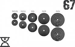 67 кг (2х1.25, 2х2.5, 2x5, 2х10 і 2x15) дисків, покритих пластиком (31 мм)