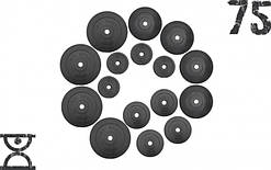 75 кг (4 по 10, 4 по 5, 4 по 2.5, 4 по 1.25) млинців на штангу, покритих пластиком (31 мм)