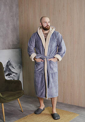 Халат чоловічий махровий з капюшоном теплий 4002 сірий бежевий