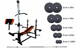 Лава для жиму з верхньою тягою і тренажерами + штанга 75 кг RN-Sport