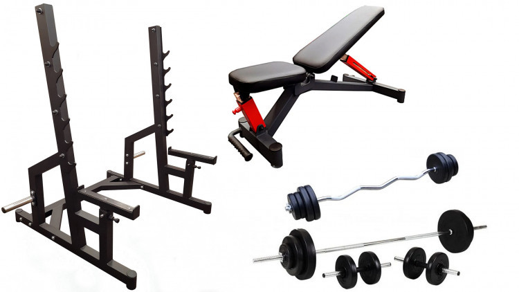 Професійна лава зі стійками RN-Sport black rock + 4 грифи, 80 кг дисків