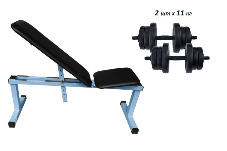 Лава для жиму лежачи регульована універсальна + Гантелі композитні RN-Sport по 11 кг