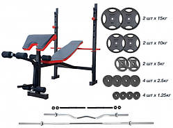 Лава для жиму ReadMeBlack + Штанга металева 83 кг, гриф W, гантелі RN-Sport