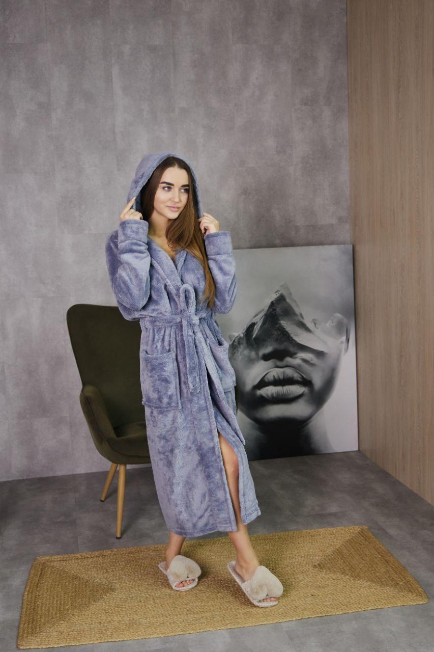 Теплий Довгий Жіночий Махровий Халат з Капюшоном на Запах - Сірий 1023, фото 1