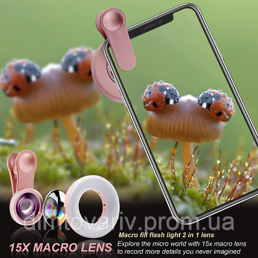 Макролинза для смартфона Macro 15X с LED подсветкой Макросъемка для бьюти мастеров - фото 2 - id-p2076631809