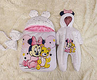 Теплый комплект для новорожденных девочек, белый с розовым, принт Minni с медвежонком