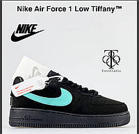 Женские демисезонные кроссовки Nike Air Force 1 Low Tiffany & Co (черные с бирюзовым) стильные 11997 Найк
