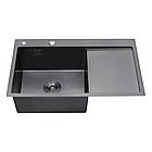 Глибока раковина в кухню Kroner 7849RHM права Графіт і кран змішувач у наборі, мийки для кухні з кранами, фото 2