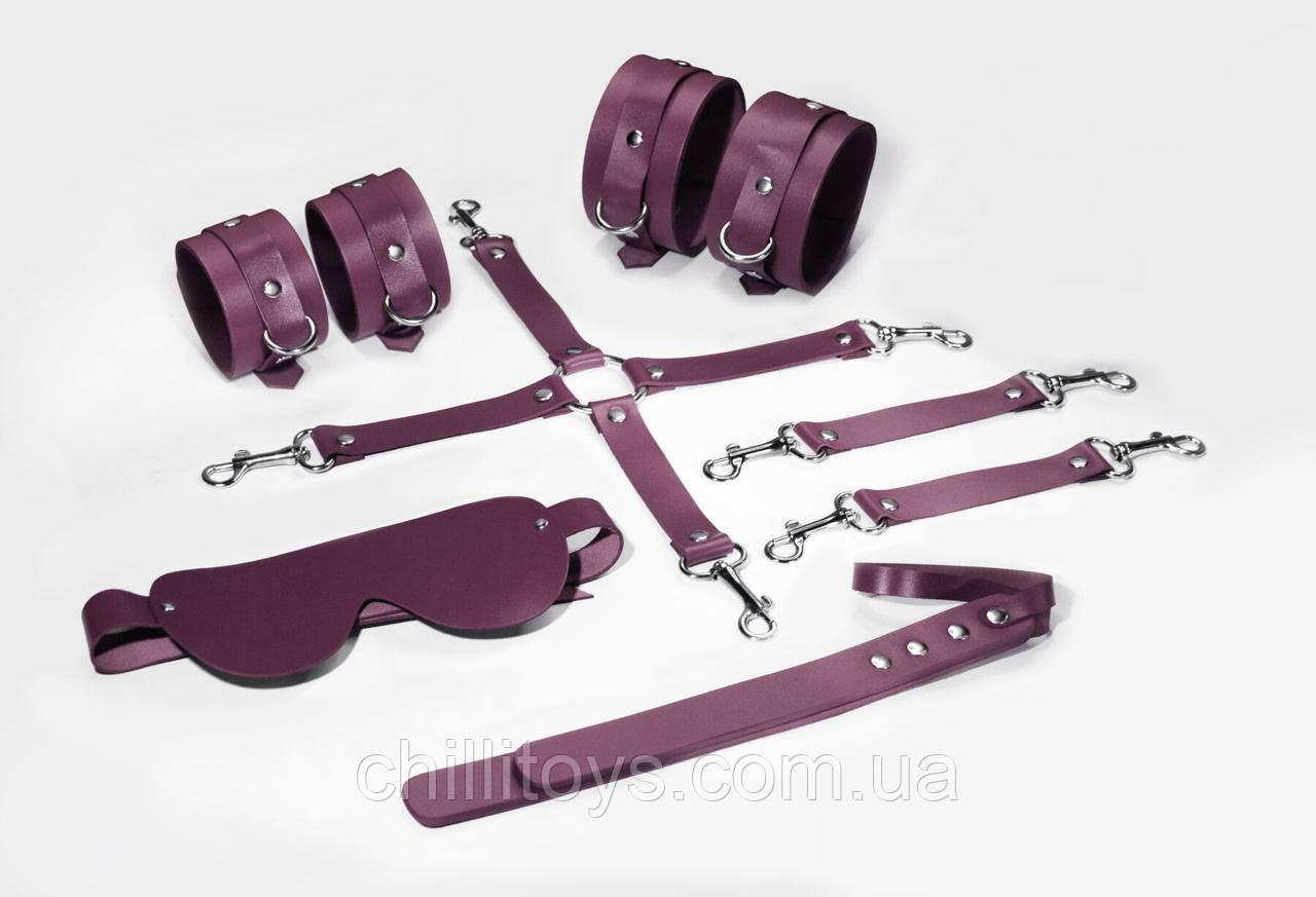 Набір Feral Feelings BDSM Kit 5 Burgundy, наручники, поножі, хрестовина, маска, падл SO8274
