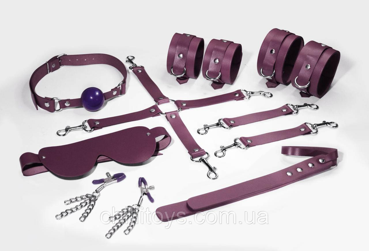 Набір Feral Feelings BDSM Kit 7 Burgundy, наручники, поножі, конектор, маска, падл, кляп, затискачі SO8278