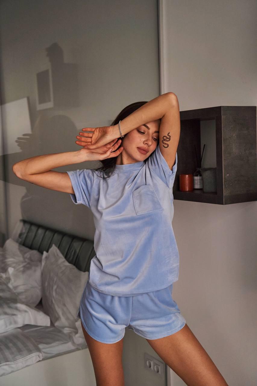 Жіночий домашній велюровий костюм-піжама блакитний, фото 1