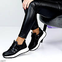 Чорні жіночі кросівки на липучках натуральні шкіряні, чорно - білі кросівки, купити в Україні недорого, розмір