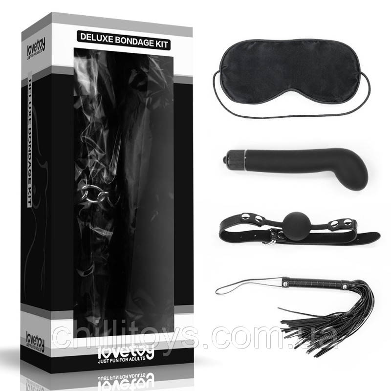 Набір для сексуальних бдсм ігор Deluxe Bondage Kit (маска, g-вібратор, кляп, батіг), Черный, фото 1
